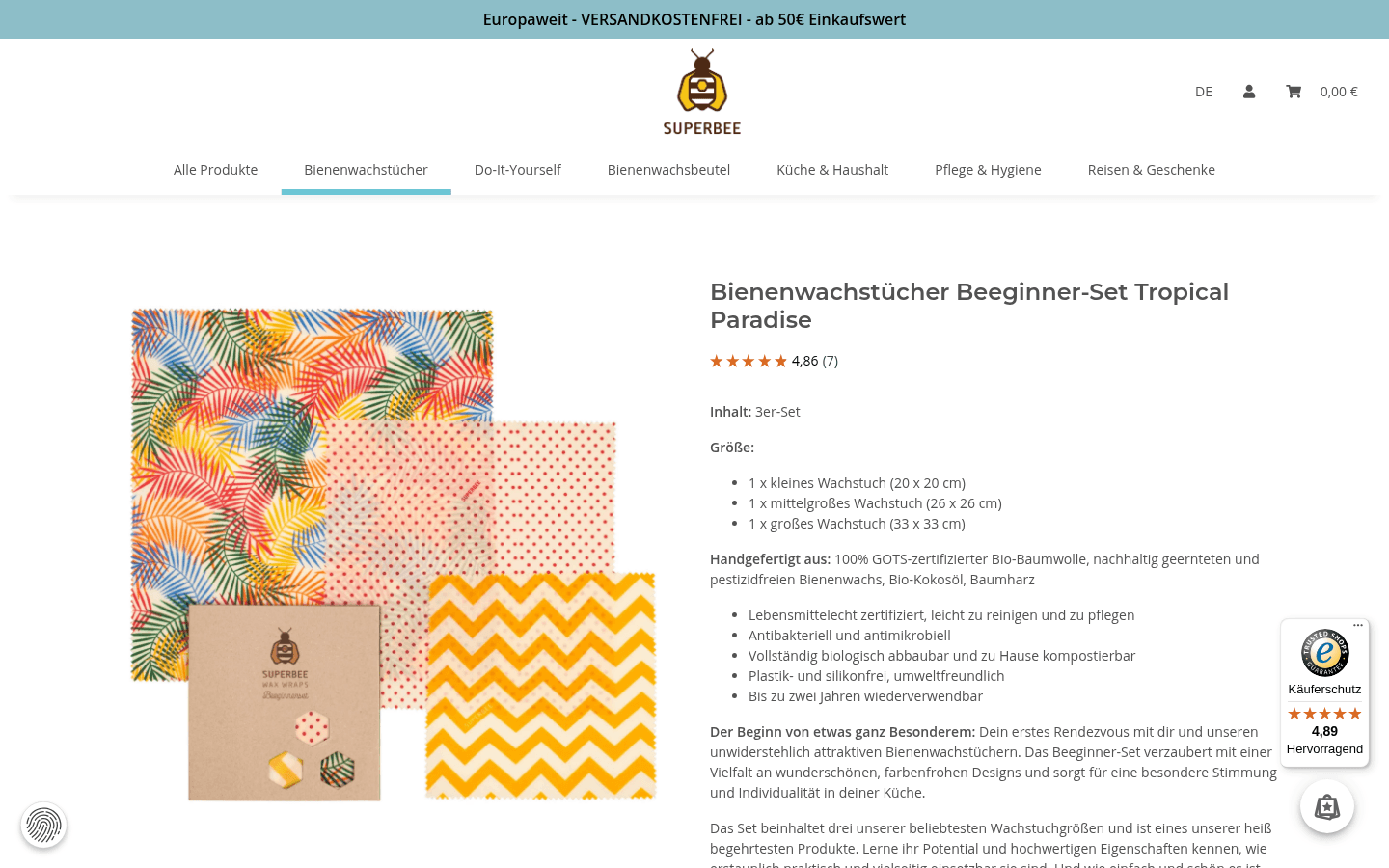Produktseite eines Bienenwachstücher-Sets mit Galerie, Inhalt und Pflegehinweisen