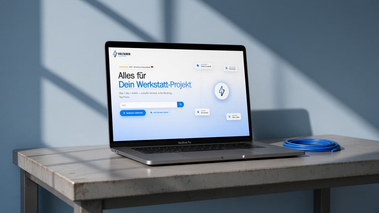 Laptop mit der Startseite von Voltando Elektronik auf einer Werkbank vor blauer Wand