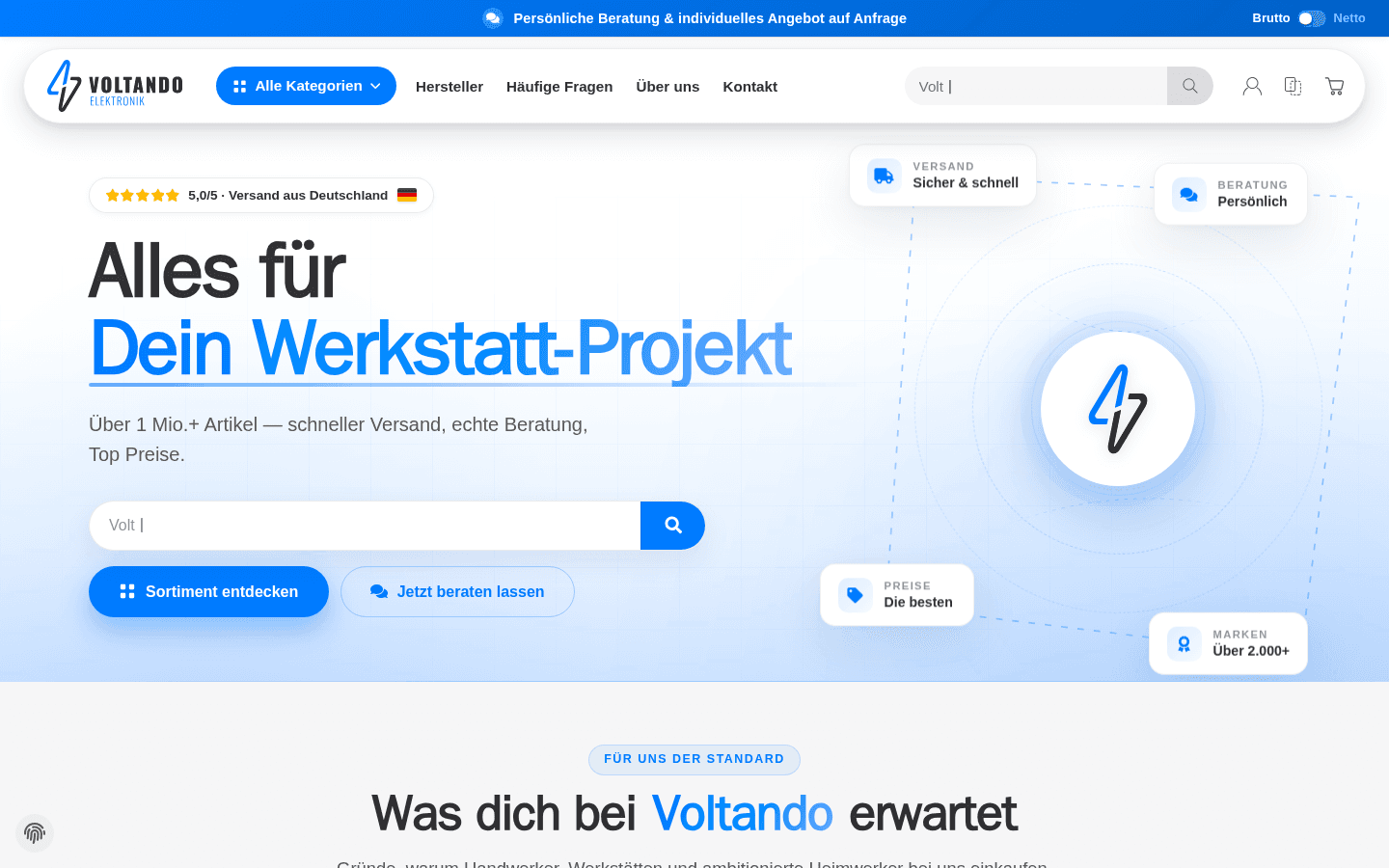 Voltando Startseite mit Hero-Bereich, Suchfeld und Vertrauens-Badges