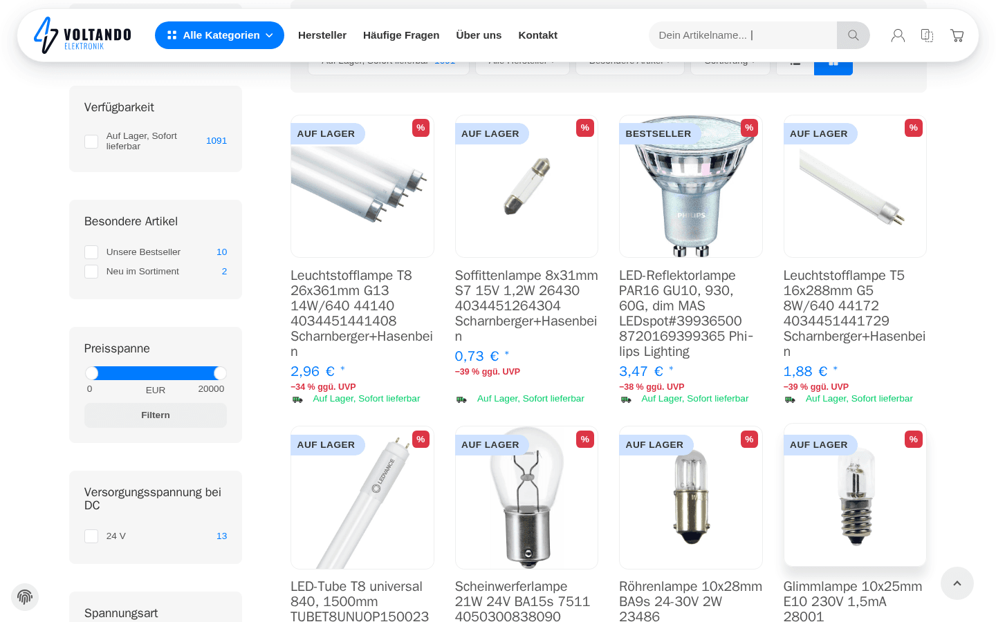 Kategorie-Listing mit Filterspalte links und bebildertem Produktraster