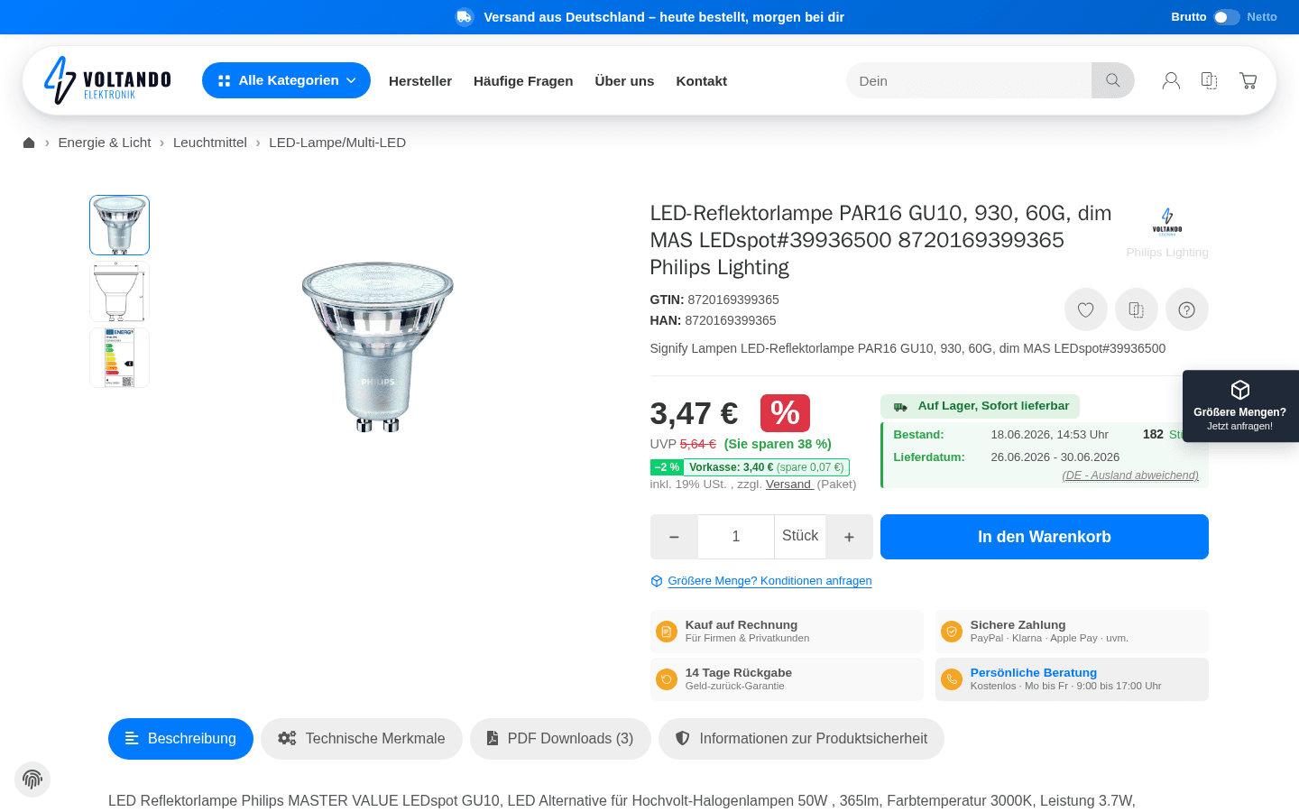 Produktseite einer Philips-LED-Lampe mit Preis, Verfügbarkeit und Warenkorb-Button
