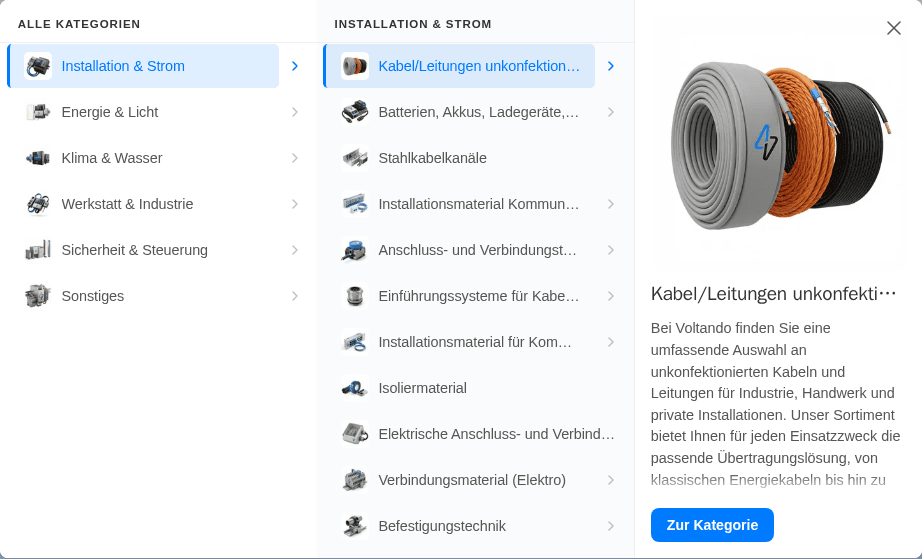 Geöffnetes Mega-Menü mit drei Spalten: Hauptkategorien, Unterkategorien und Vorschau-Panel