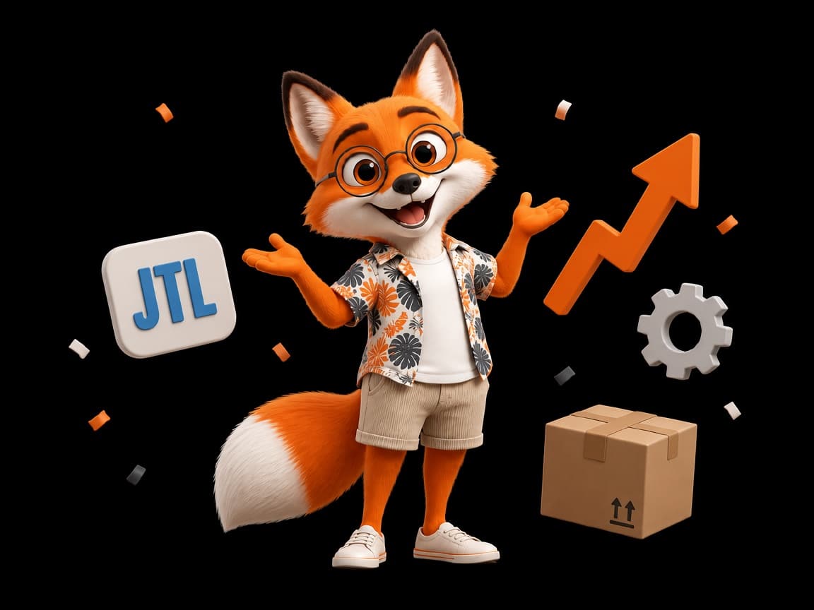 StoreSchmide-Fuchs mit JTL-Kachel, Pfeil, Zahnrad und Paket — JTL-Shop-Update