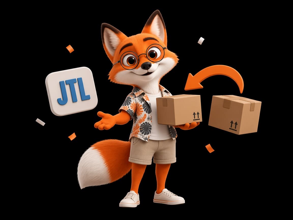 StoreSchmide-Fuchs mit JTL-Kachel und zwei Paketen, dazu ein orangefarbener Rückpfeil
